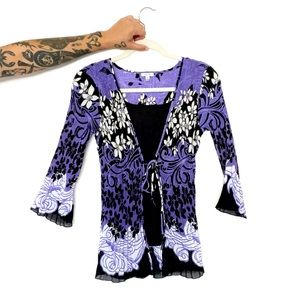 y2k purple & black printed accordion top